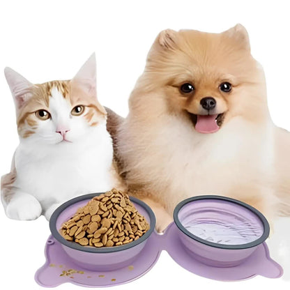 Grey Portable Collapsible Pet Bowl Set - Food-Grade Silicone Double Bowl for Dogs & Cats, Anti-Slip & Easy to Clean