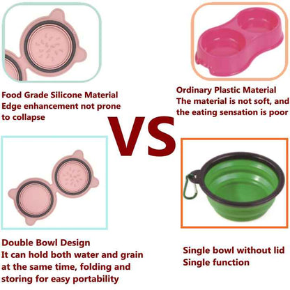 Green Portable Collapsible Pet Bowl Set - Food-Grade Silicone Double Bowl for Dogs & Cats, Anti-Slip & Easy to Clean