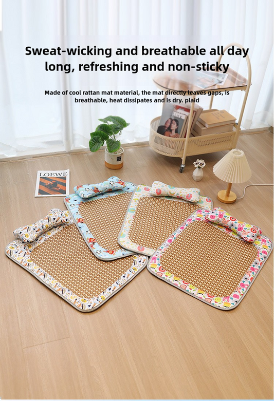 Size S Style 4 Blue And Brown Pet Cooling Mat for Dogs and Cats - Summer Breathable Woven Rattan Bed with Sponge Cushion, Durable and Chew-Resistant