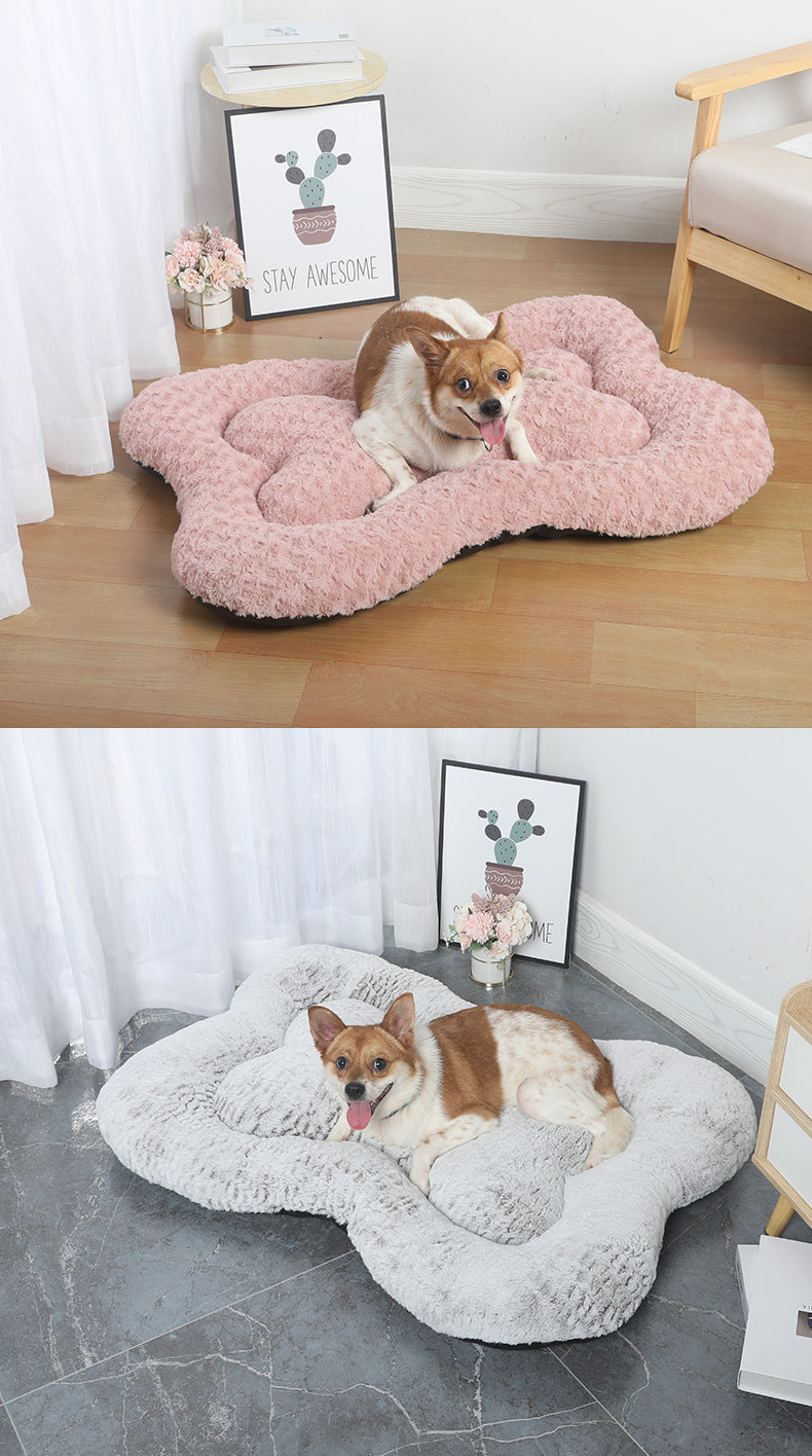 S Blue-grey Rose Velvet Fish Scale Pet Bed - Creative Bone-Shaped Soft and Cozy Dog & Cat Nest