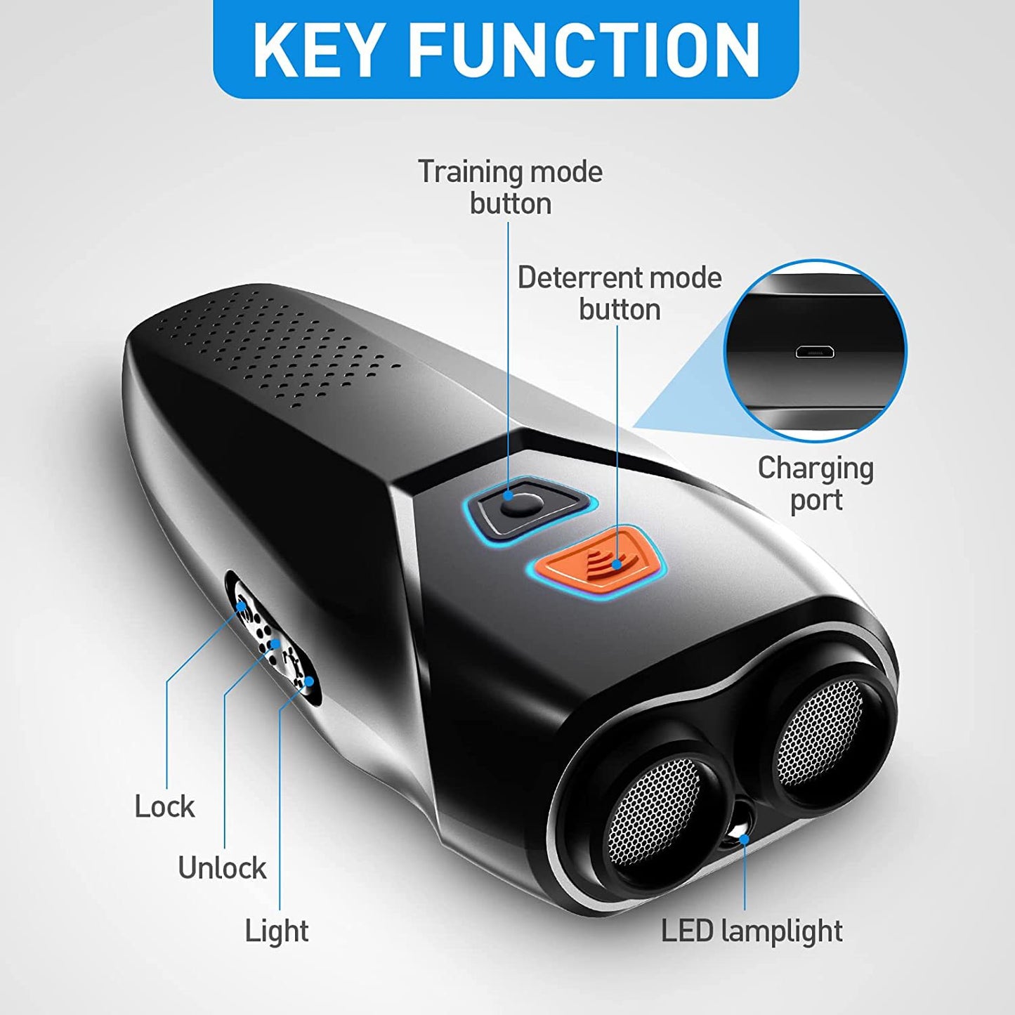 Silver USB Rechargeable Dual-Head Ultrasonic Dog Repeller - High-Power Anti-Bark Device, 142x95x41mm, 140.6g