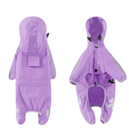 XL Purple And Gray Trim Waterproof Four-Legged Dog Raincoat with Leash Hole for Small Breeds
