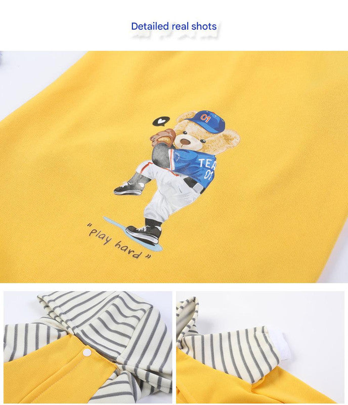 Autumn/Winter Dog Clothes - Yellow Hoodie with Striped Hood & Baseball Bear (Size - 3XL)