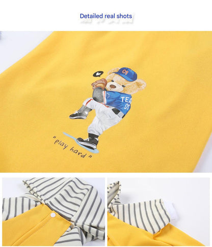 Autumn/Winter Dog Clothes - Yellow Hoodie with Striped Hood & Baseball Bear (Size - 4XL)