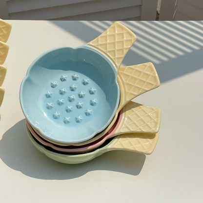 Pink and Yellow Adorable Ice Cream Cone Ceramic Slow Feeder Pet Bowl - Fun Anti-Gulp Design for Cats & Dogs